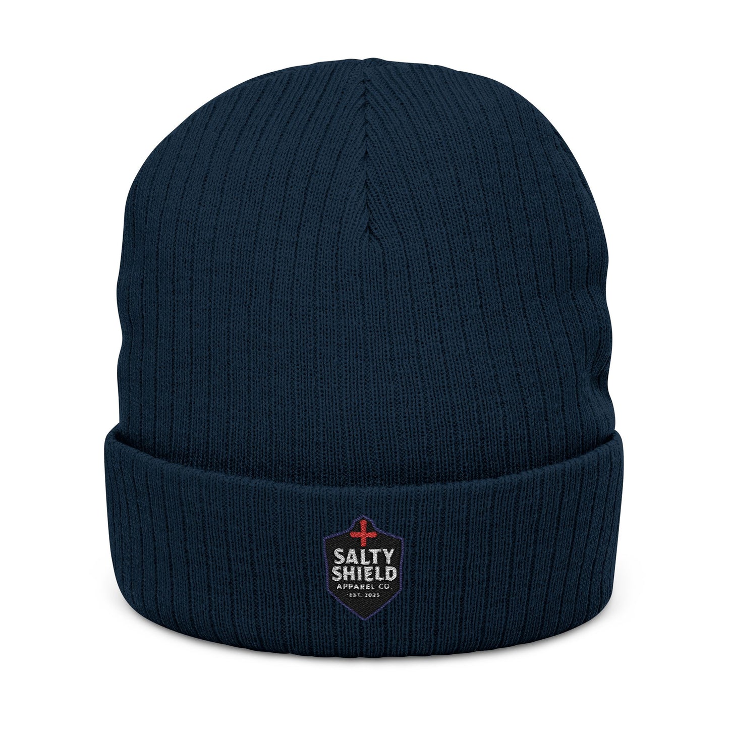 Beanie, Faith Based Clothing, Salty Shield Apparel Company Logo, Ribbed Knit Winter Hat, Armor, Embroidered Cap, Christian Fashion,
