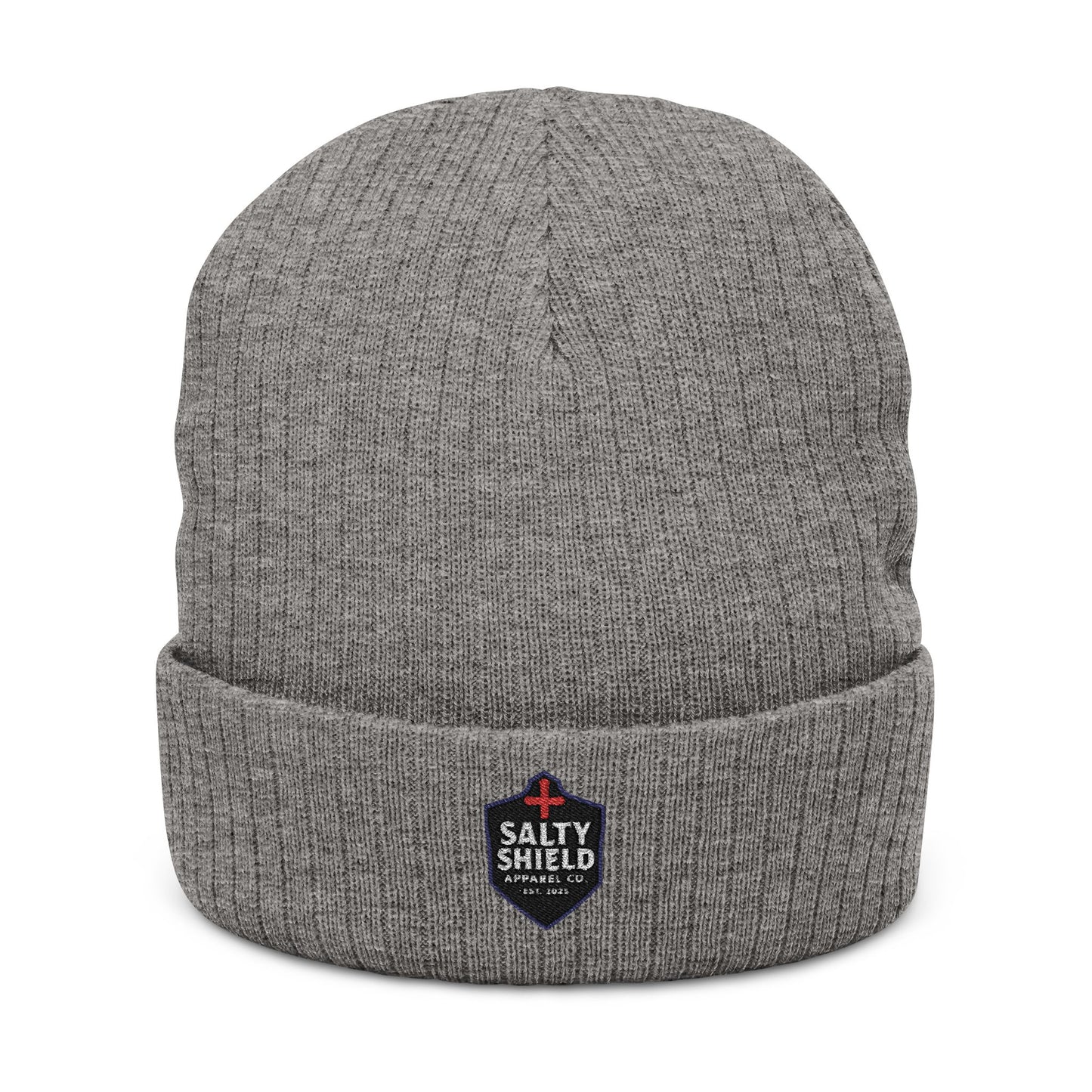 Beanie, Faith Based Clothing, Salty Shield Apparel Company Logo, Ribbed Knit Winter Hat, Armor, Embroidered Cap, Christian Fashion,