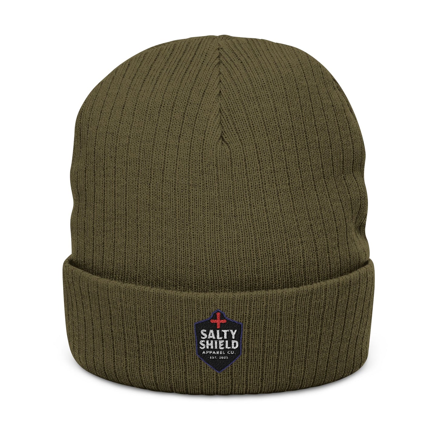 Beanie, Faith Based Clothing, Salty Shield Apparel Company Logo, Ribbed Knit Winter Hat, Armor, Embroidered Cap, Christian Fashion,