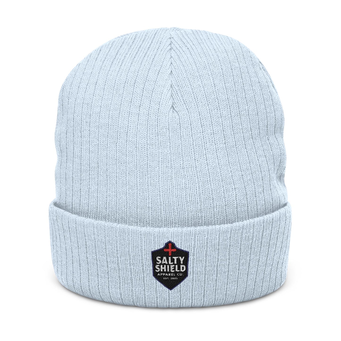 Beanie, Faith Based Clothing, Salty Shield Apparel Company Logo, Ribbed Knit Winter Hat, Armor, Embroidered Cap, Christian Fashion,