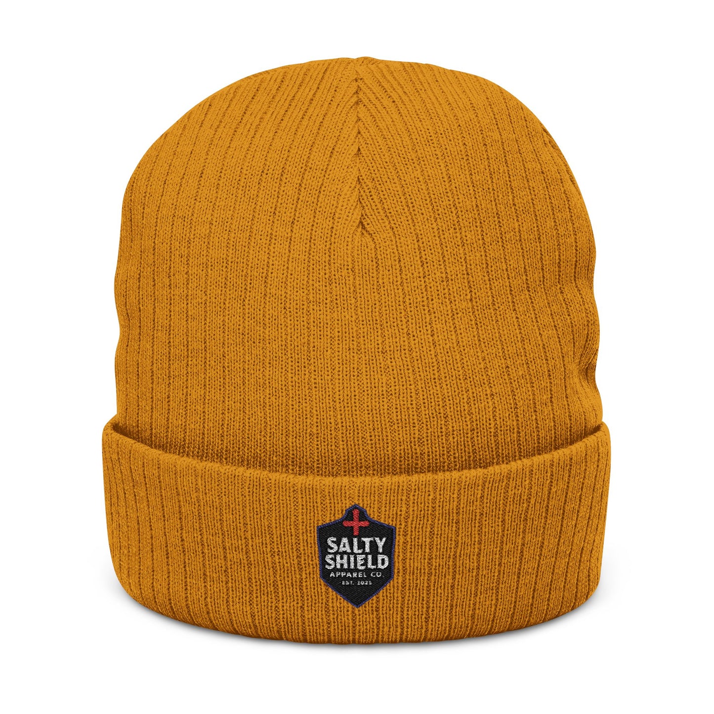 Beanie, Faith Based Clothing, Salty Shield Apparel Company Logo, Ribbed Knit Winter Hat, Armor, Embroidered Cap, Christian Fashion,