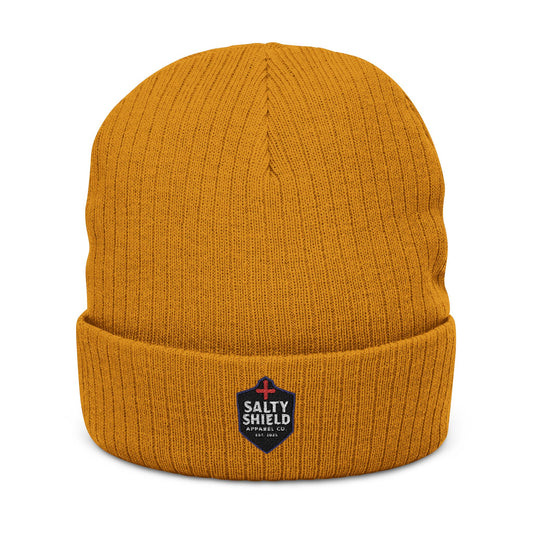 Beanie, Faith Based Clothing, Salty Shield Apparel Company Logo, Ribbed Knit Winter Hat, Armor, Embroidered Cap, Christian Fashion,