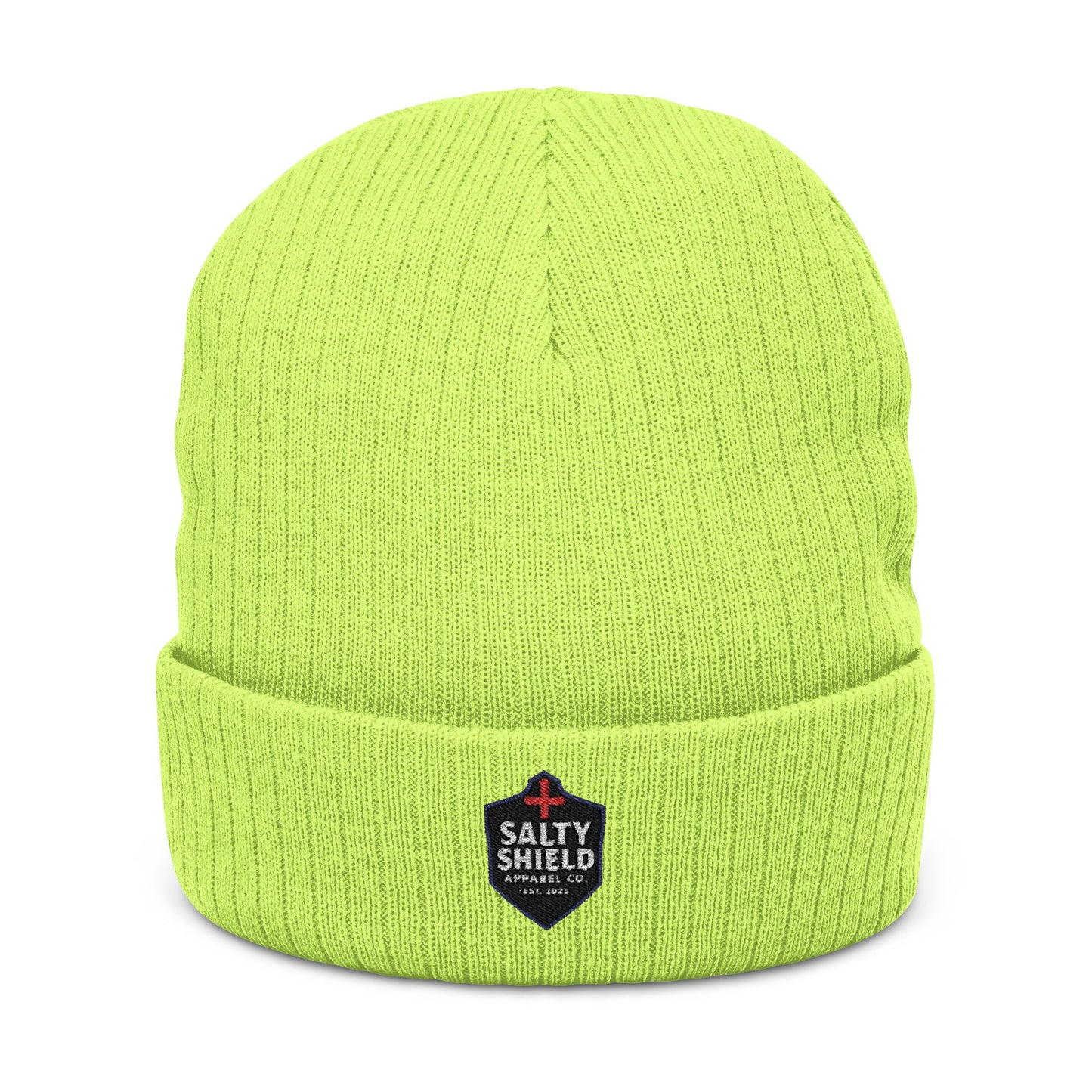 Beanie, Faith Based Clothing, Salty Shield Apparel Company Logo, Ribbed Knit Winter Hat, Armor, Embroidered Cap, Christian Fashion,