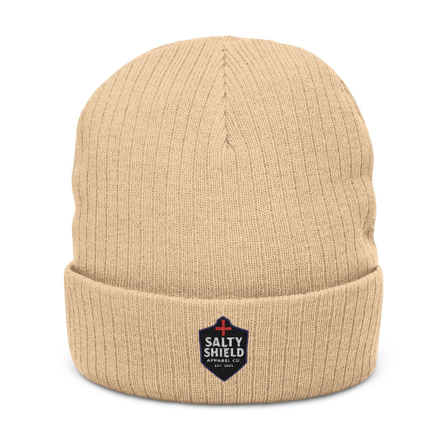 Beanie, Faith Based Clothing, Salty Shield Apparel Company Logo, Ribbed Knit Winter Hat, Armor, Embroidered Cap, Christian Fashion,