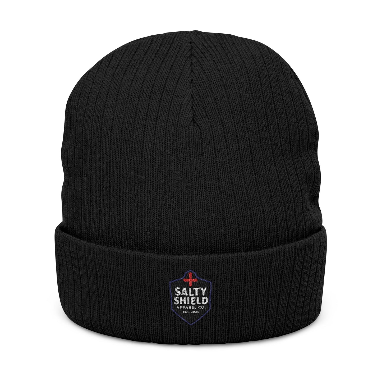 Beanie, Faith Based Clothing, Salty Shield Apparel Company Logo, Ribbed Knit Winter Hat, Armor, Embroidered Cap, Christian Fashion,